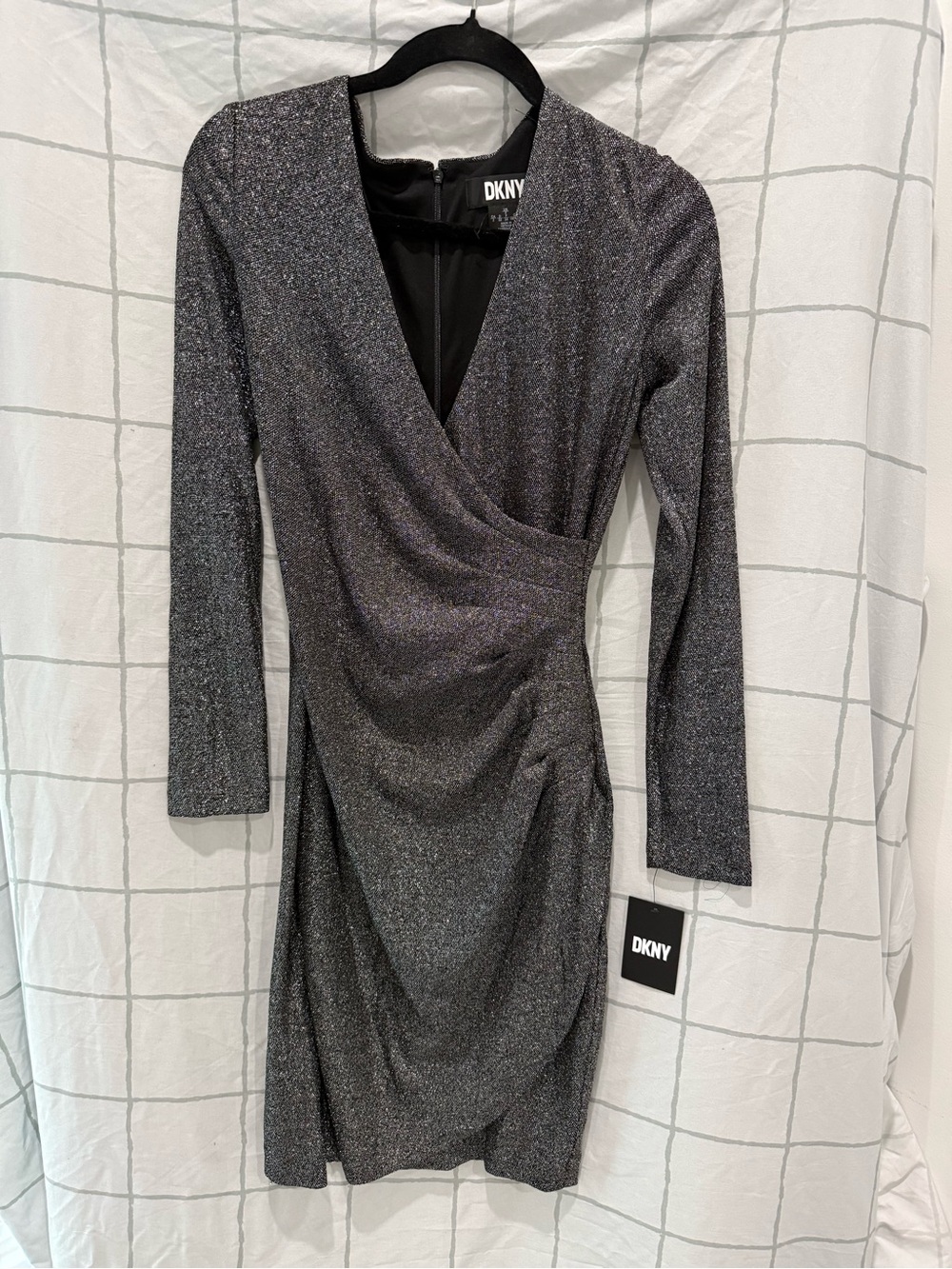 DKNY Charcoal Metallic Wrap-Style Long Sleeve Dress